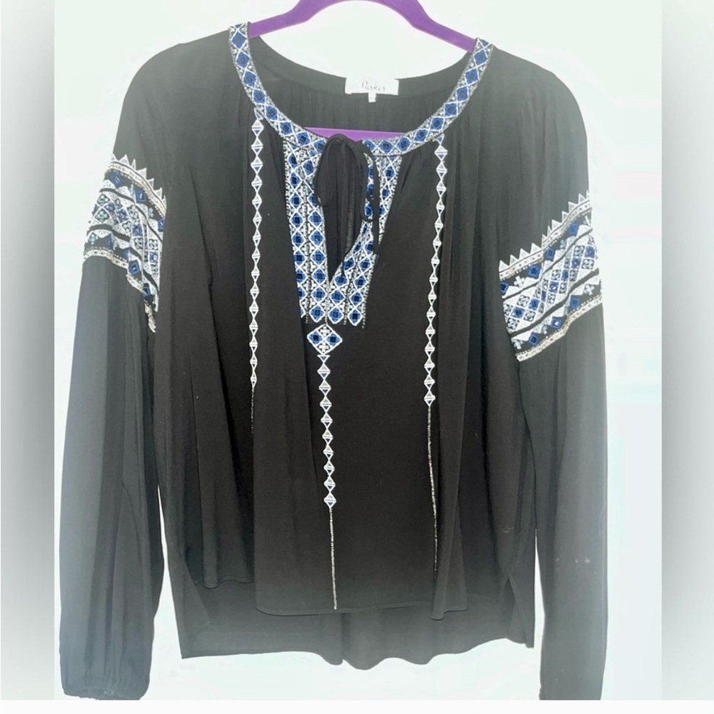 Parker Black and Blue Embroidered Blouse